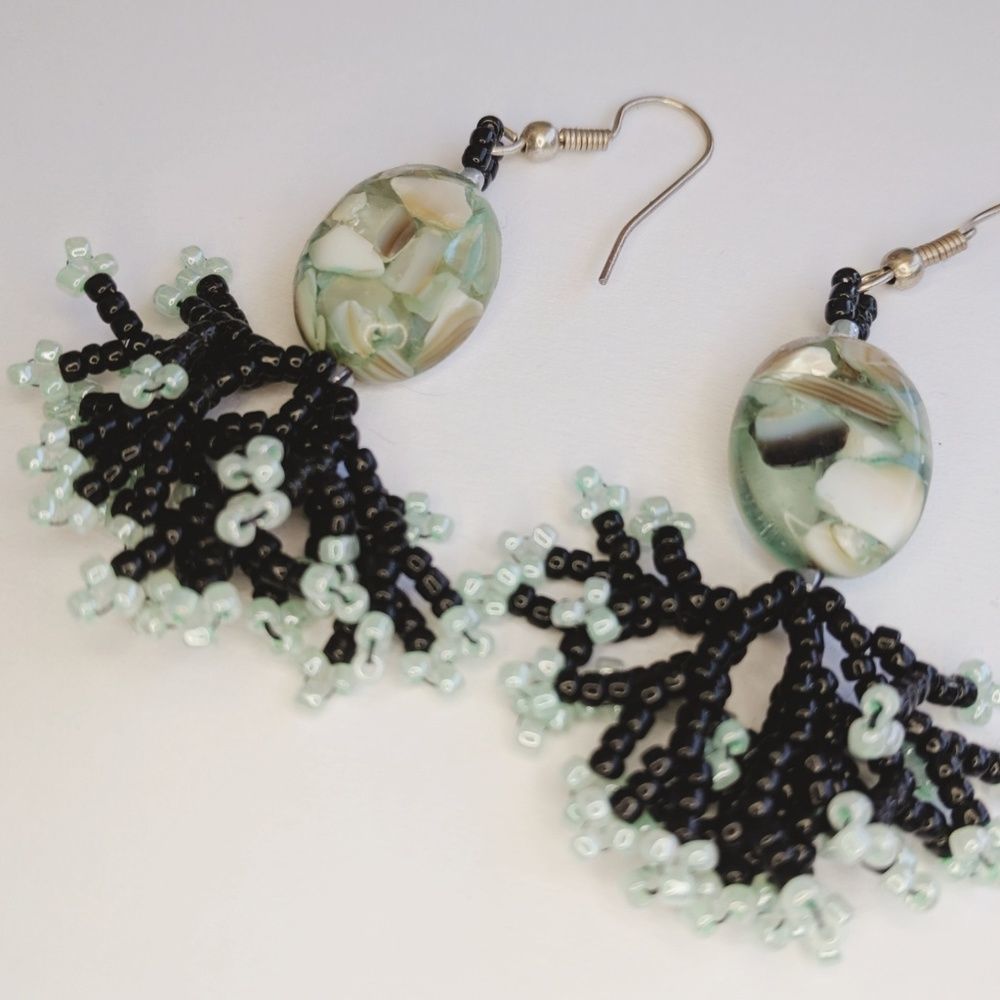 Mother of Pearl & beadwork dangle earrings